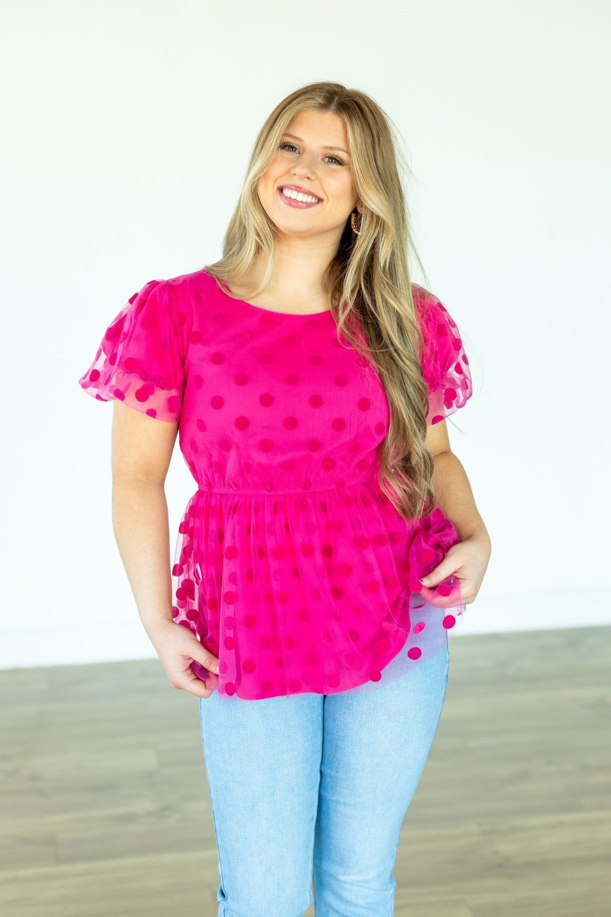 The Pink Promise Dot Mesh Peplum Top