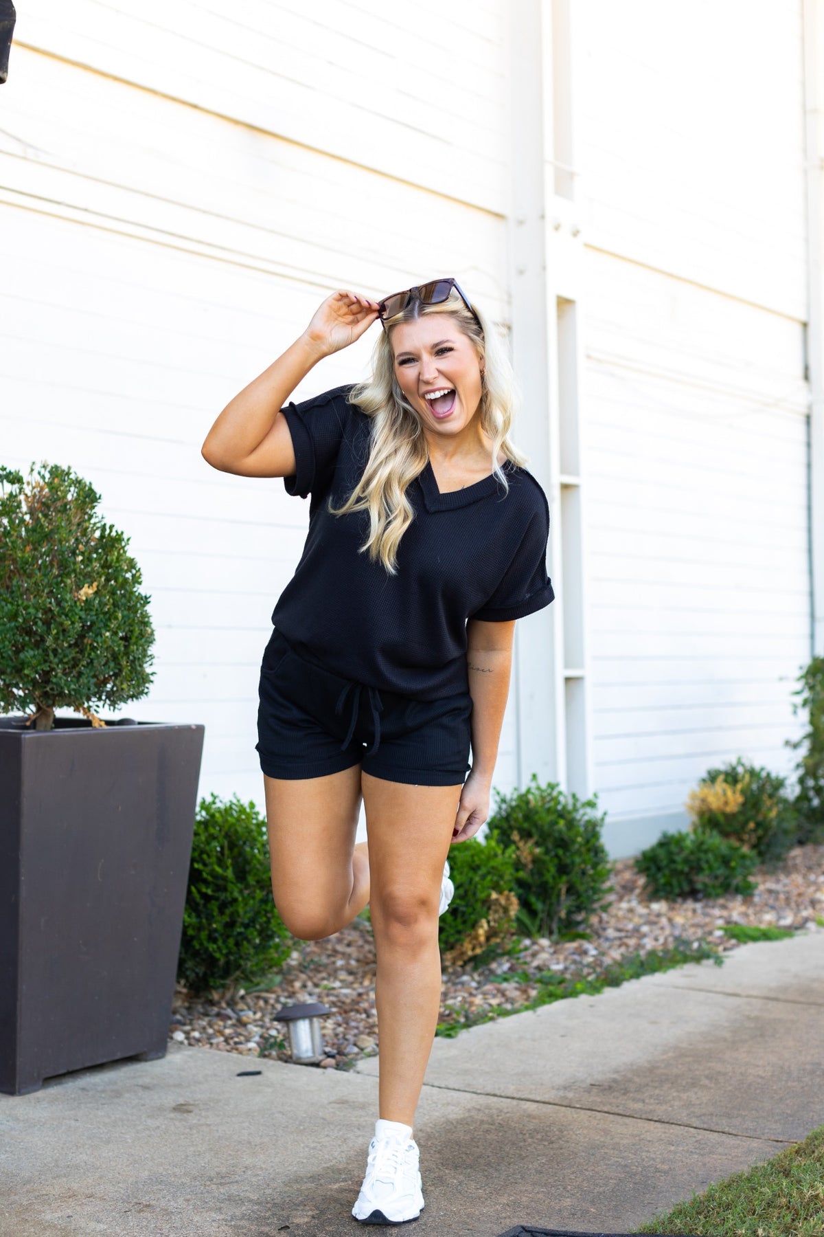 The Lucy Waffle Knit Top - Black