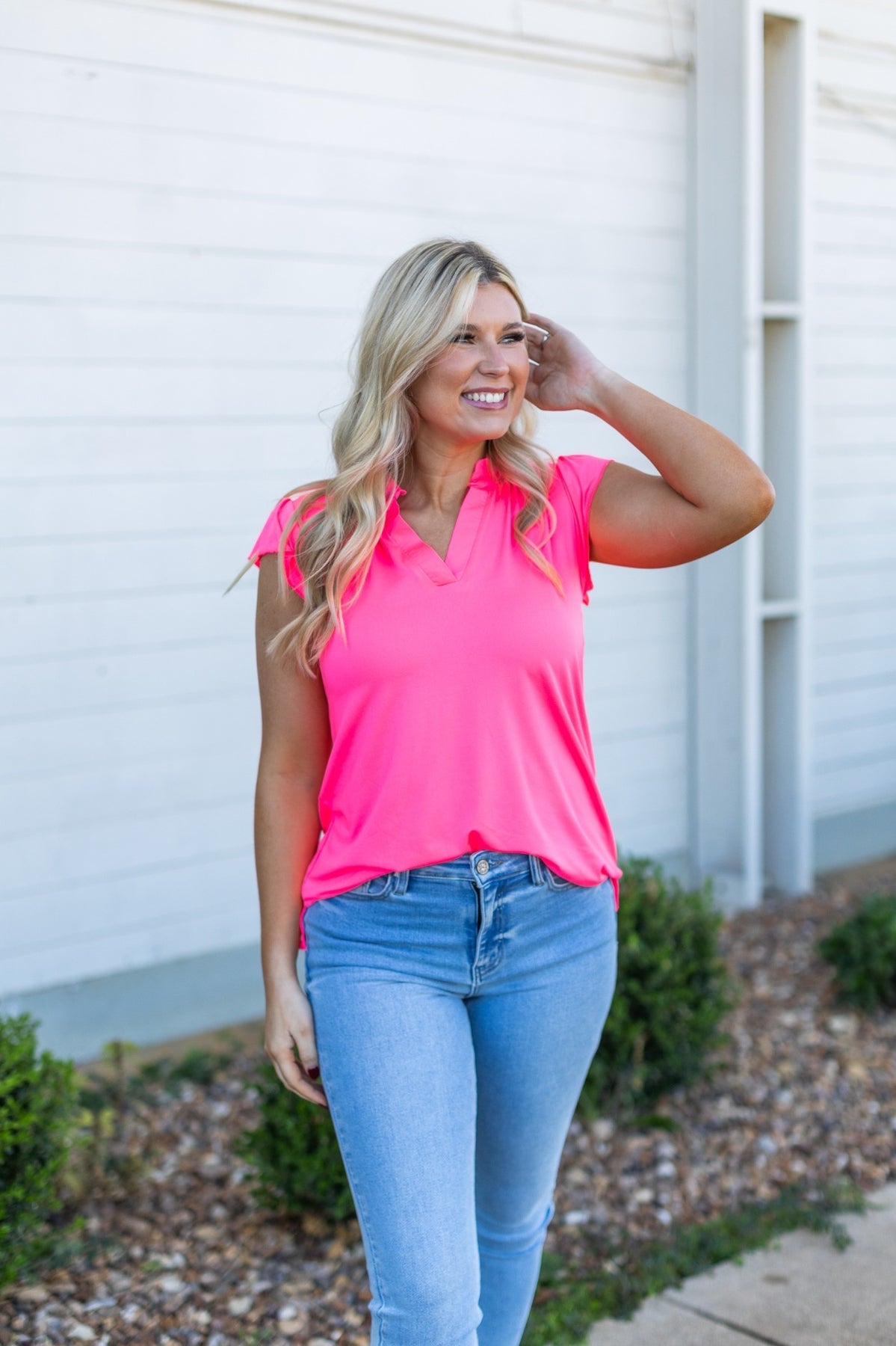 The Nicole V-Neck Top - Neon Pink