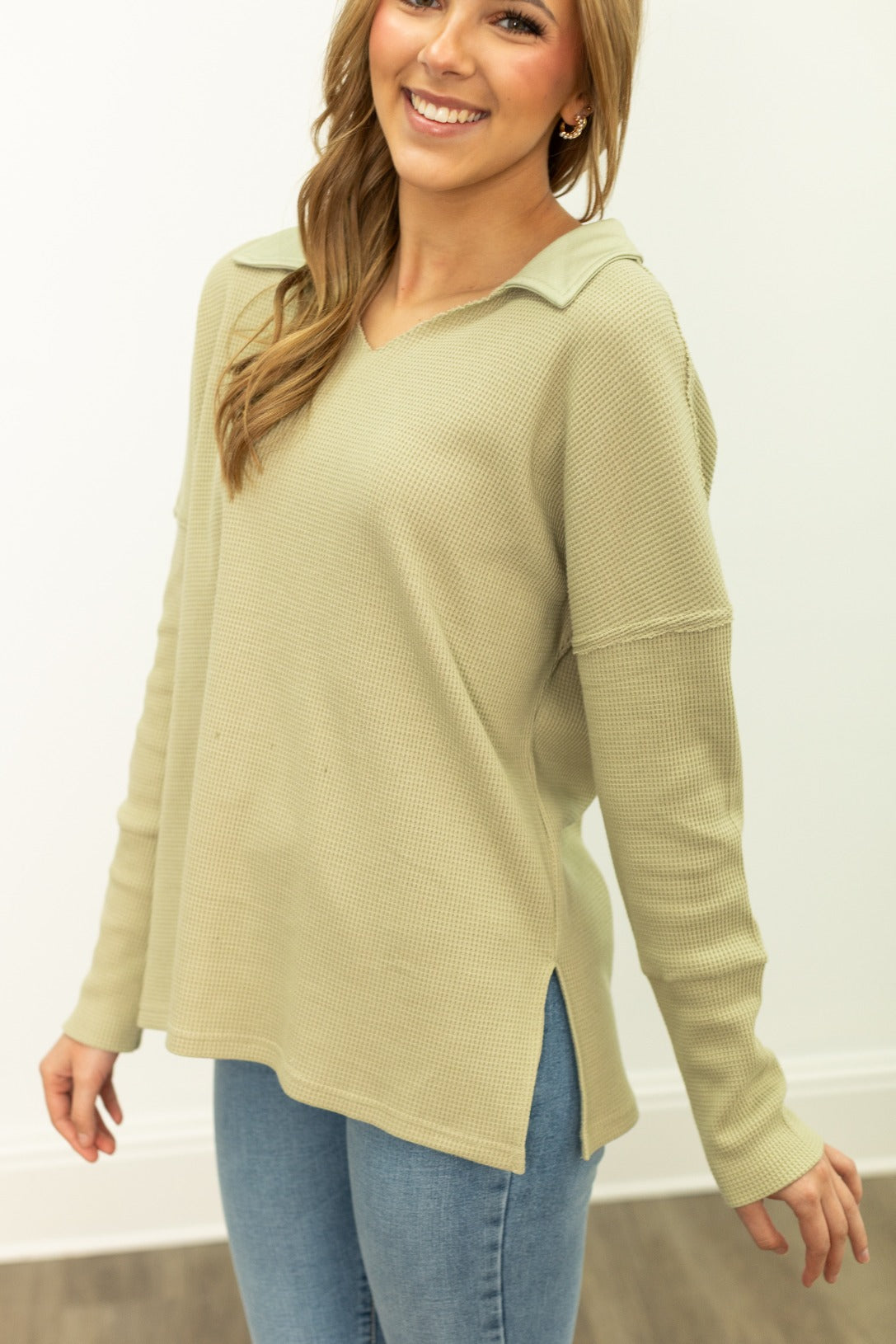 The Emilee Waffle Knit Long Sleeve Top - Sage