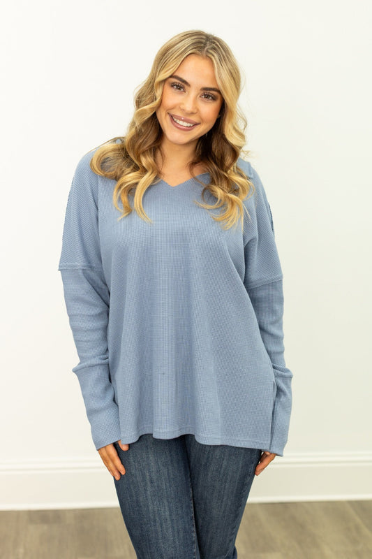 The Emilee Waffle Knit Long Sleeve Top - Blue