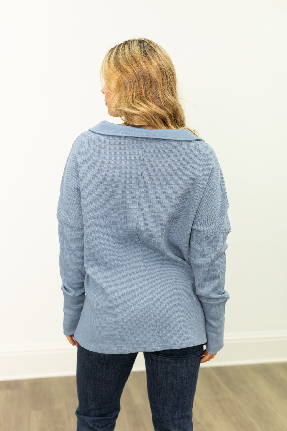 The Emilee Waffle Knit Long Sleeve Top - Blue