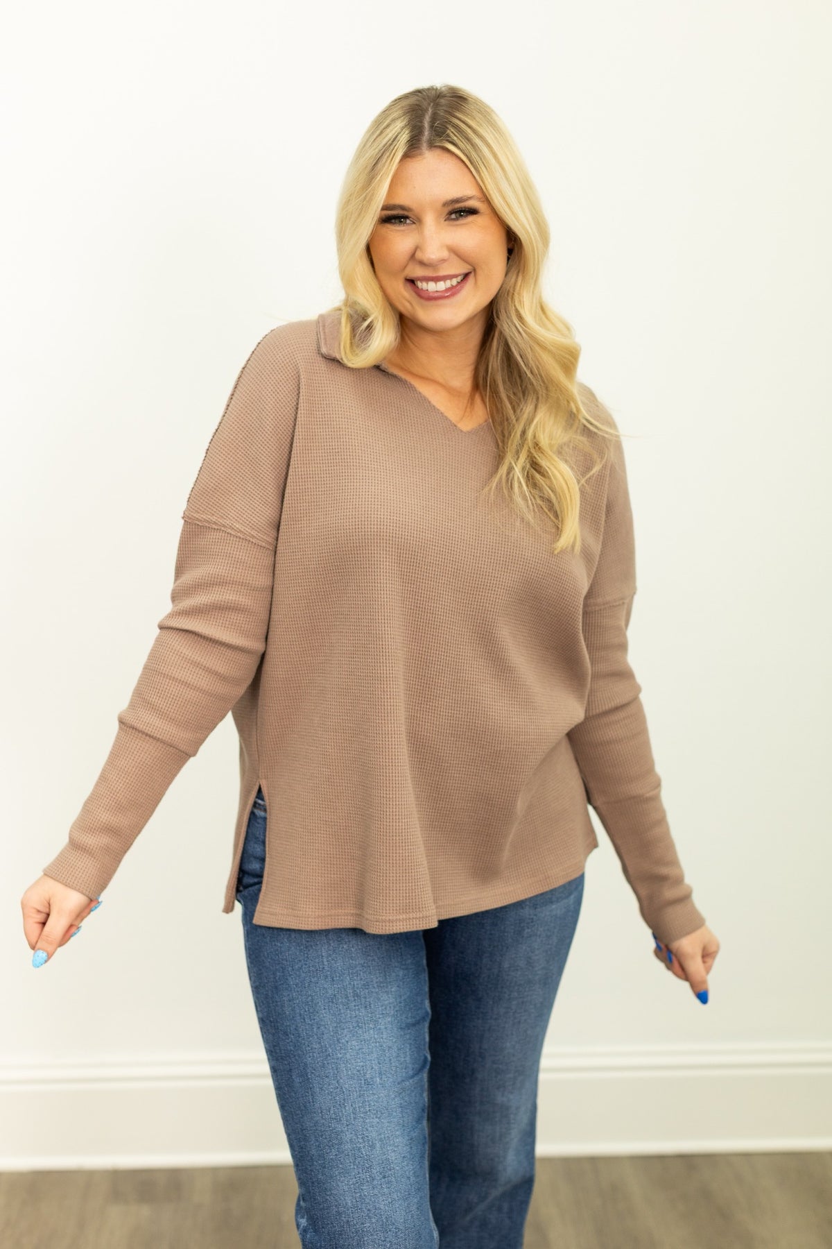 The Emilee Waffle Knit Long Sleeve Top - Brown
