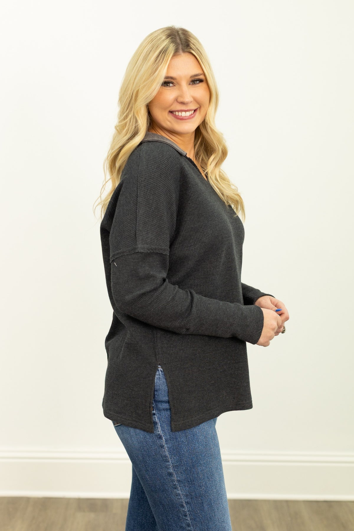 The Emilee Waffle Knit Long Sleeve Top - Black