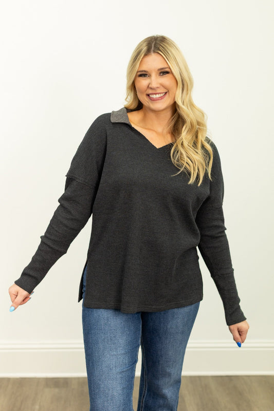 The Emilee Waffle Knit Long Sleeve Top - Black