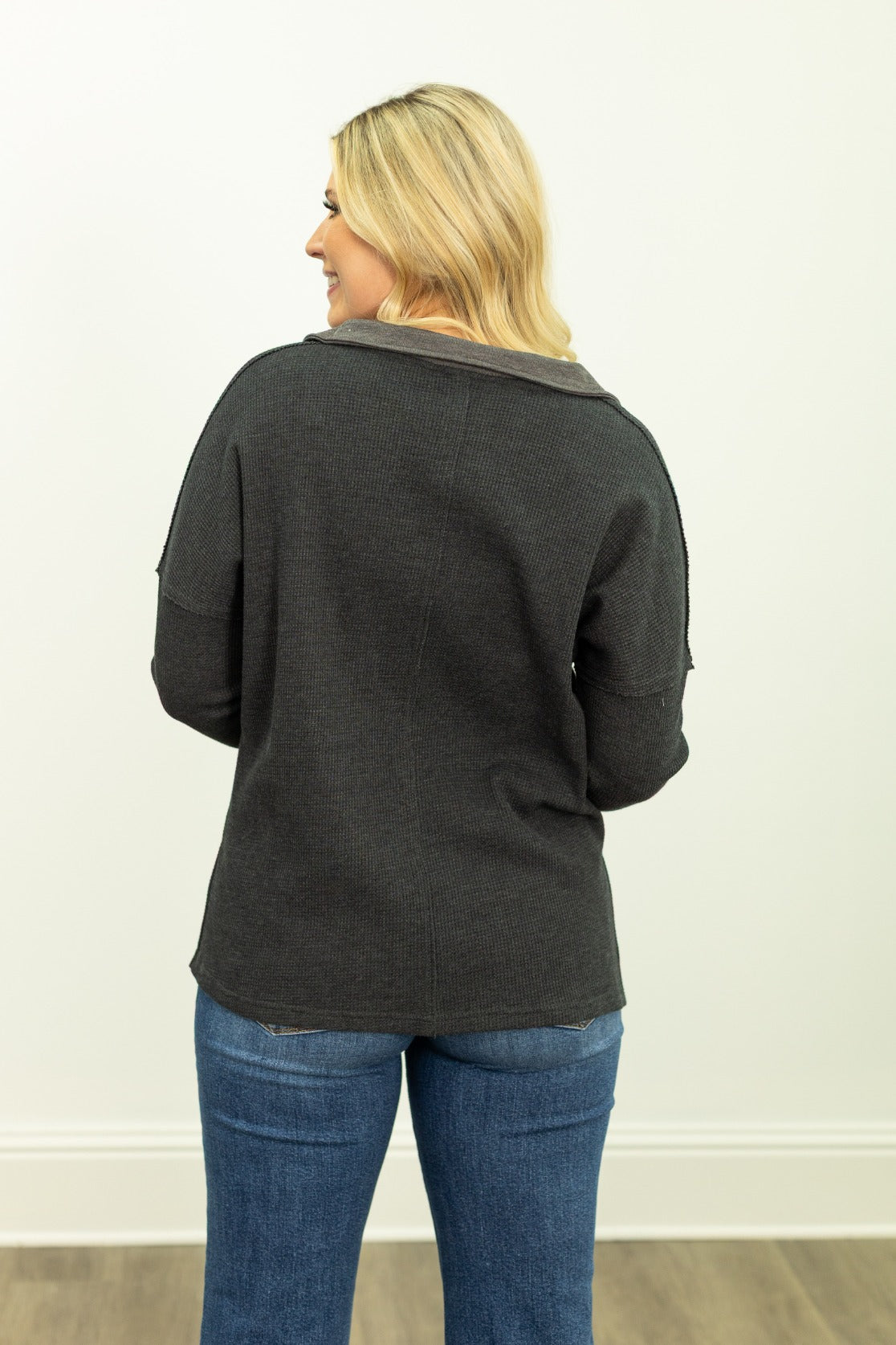 The Emilee Waffle Knit Long Sleeve Top - Black