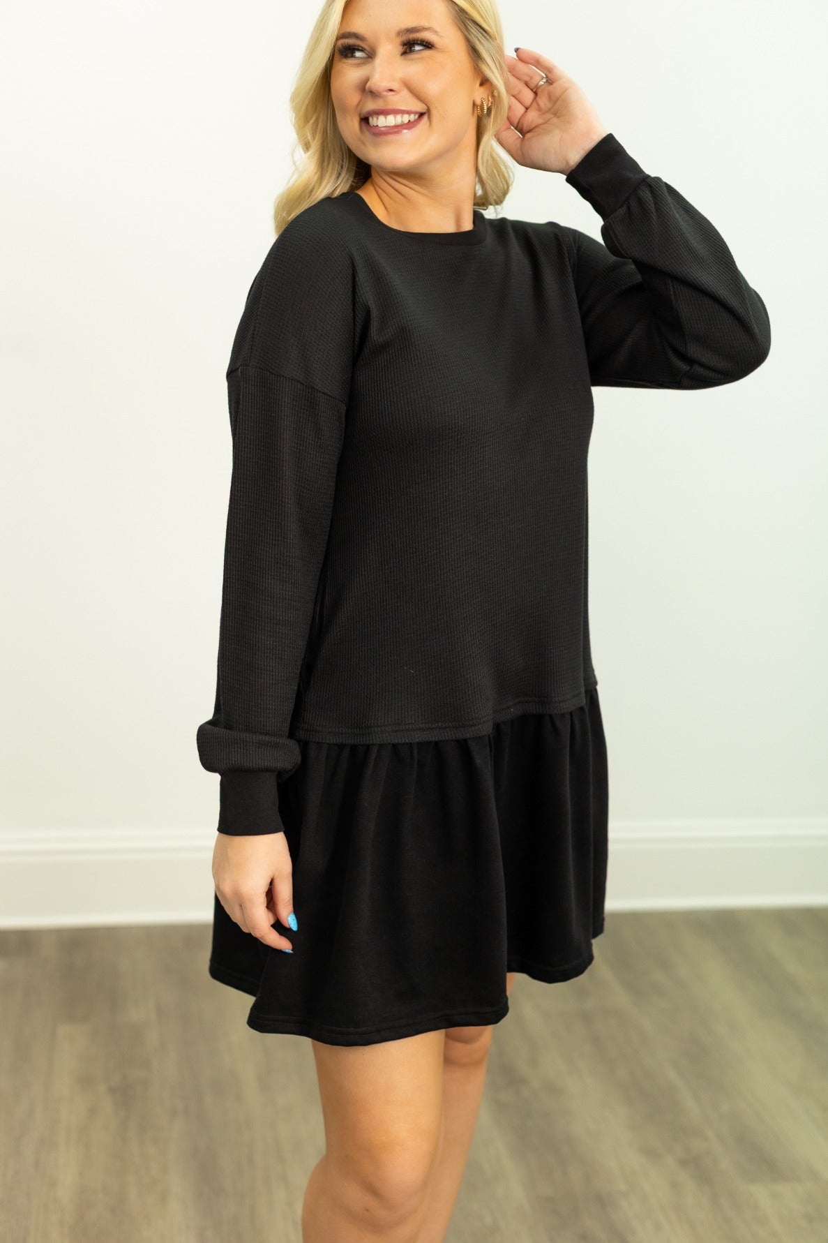 The Brandie Waffle Knit Dress - Black