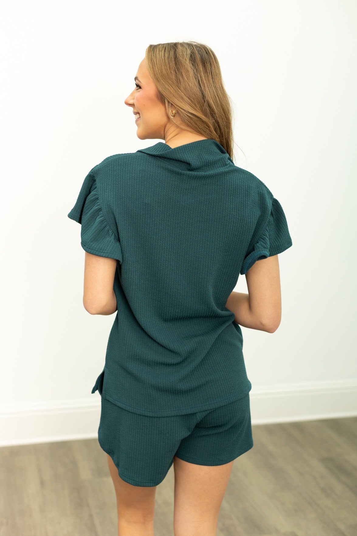 The Halee Quarter Zip w/ Flutter Sleeves - Forest Green