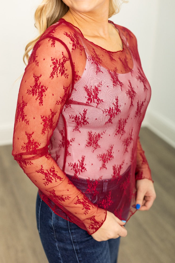The Kimmie Mesh Long Sleeve Top - Red
