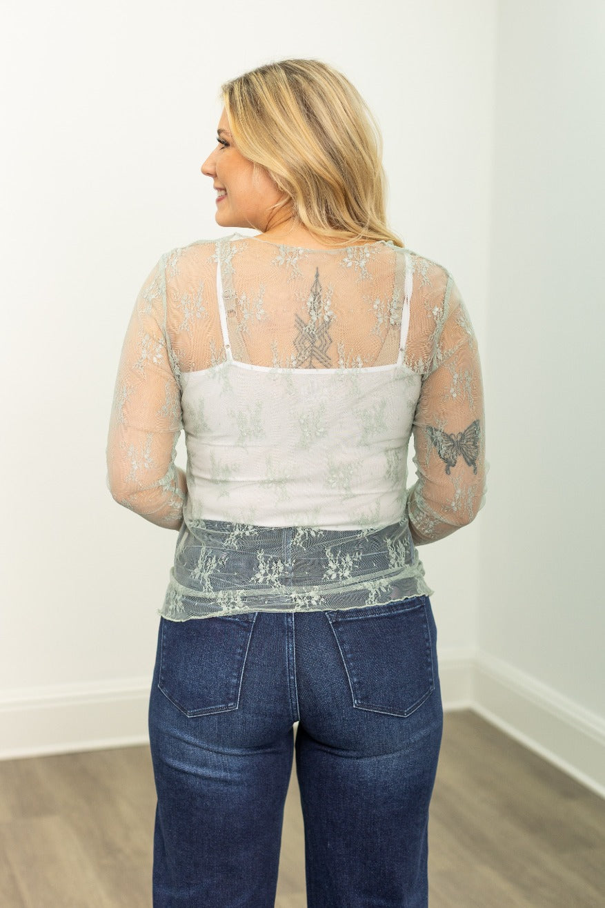 The Kimmie Mesh Long Sleeve Top - Sage