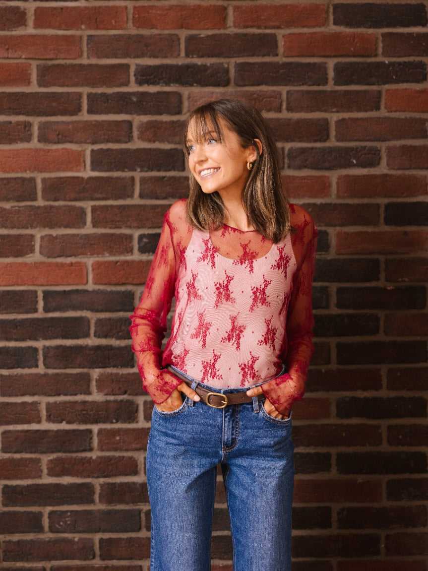 The Kimmie Mesh Long Sleeve Top - Red