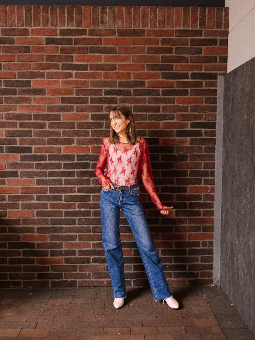 The Kimmie Mesh Long Sleeve Top - Red