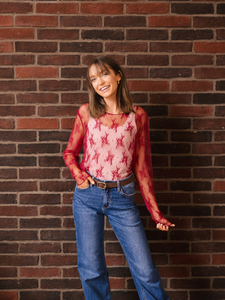 The Kimmie Mesh Long Sleeve Top - Red