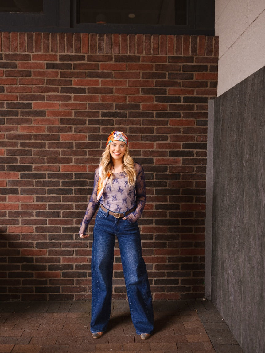 The Kimmie Mesh Long Sleeve Top - Navy