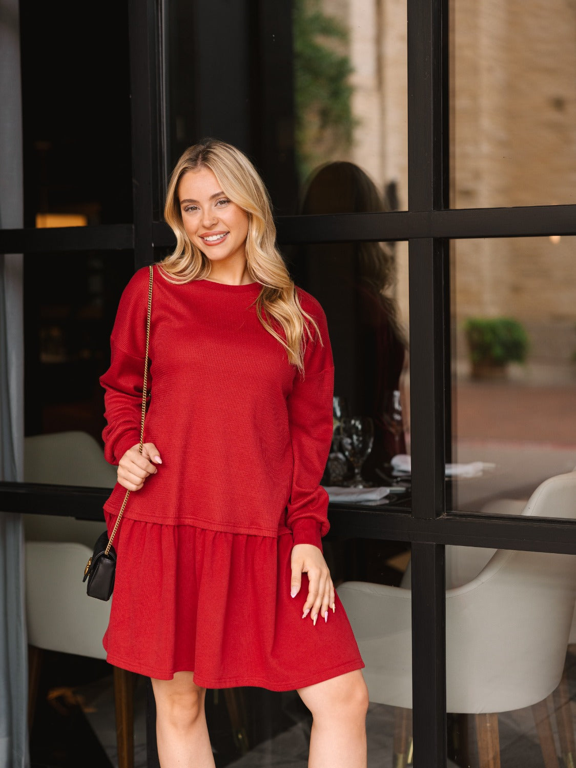 The Brandie Waffle Knit Dress - Red
