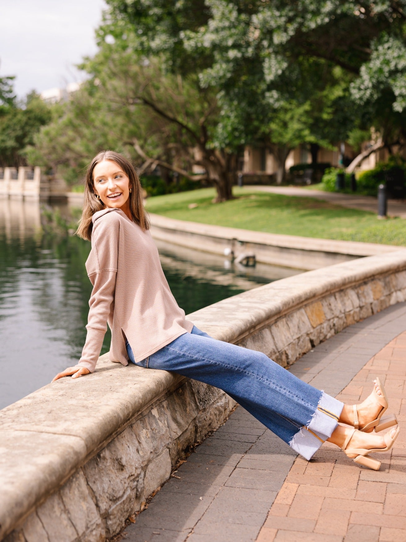 The Emilee Waffle Knit Long Sleeve Top - Brown