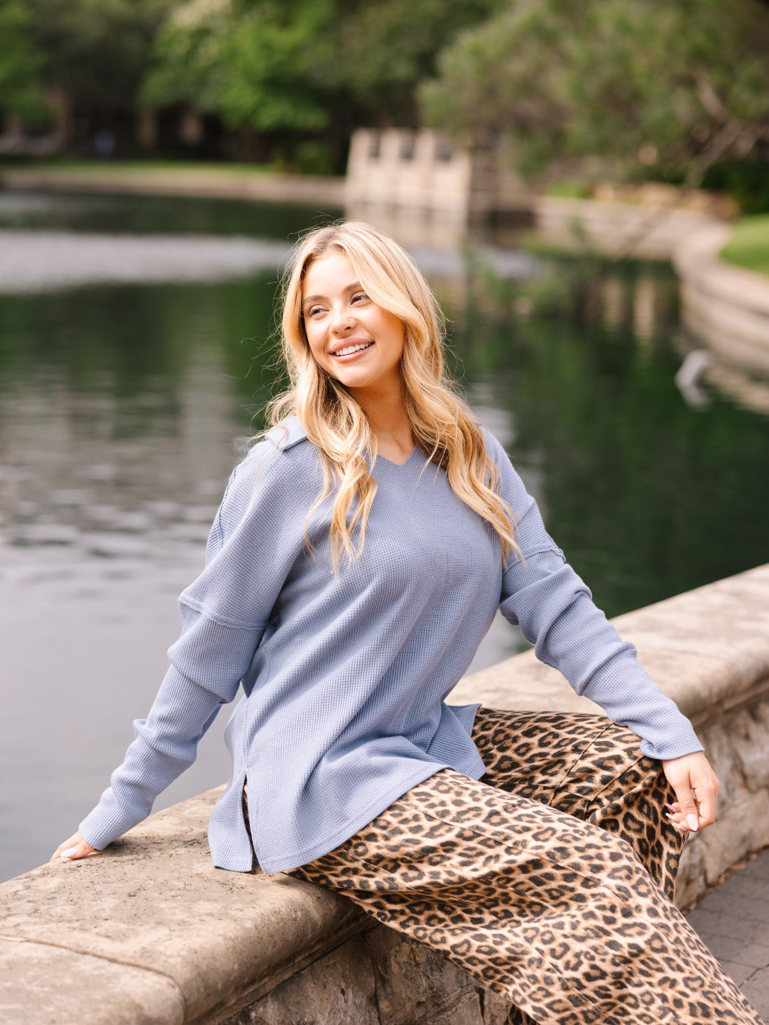 The Emilee Waffle Knit Long Sleeve Top - Blue