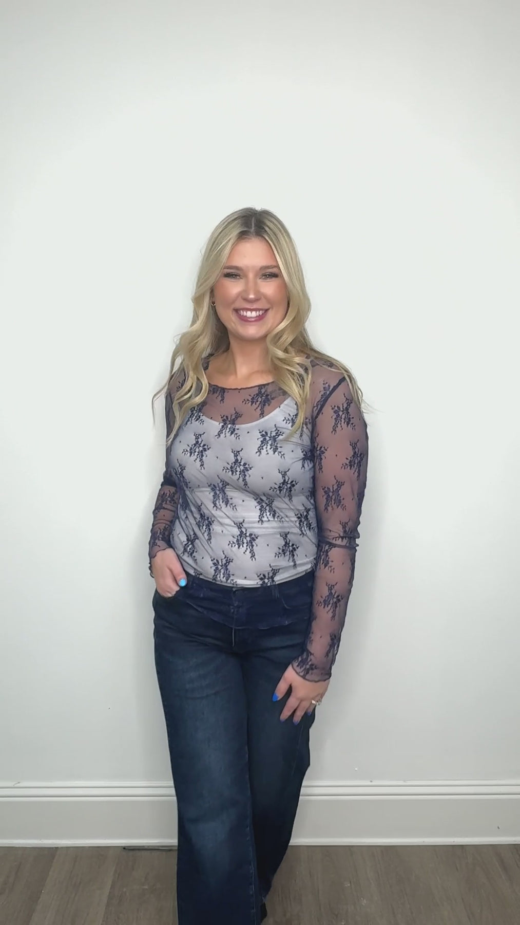 The Kimmie Mesh Long Sleeve Top - Navy