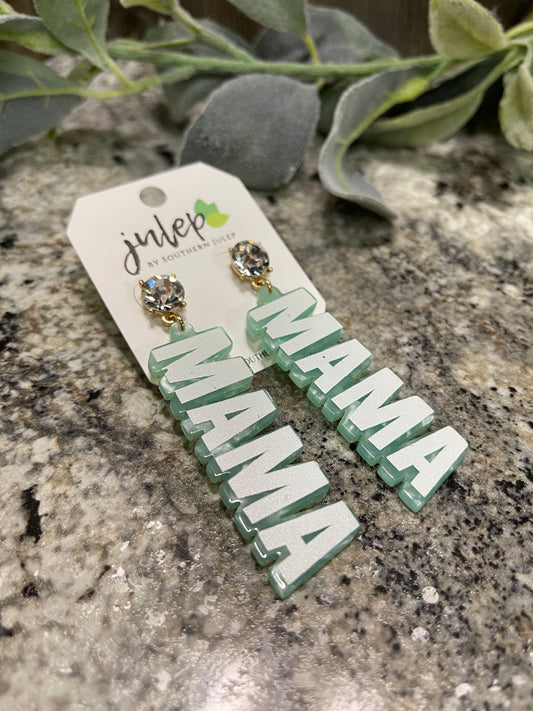 Mama Stud Earrings - Mint/Rhinestones