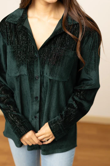 Forest Green Velvet Button Up Top