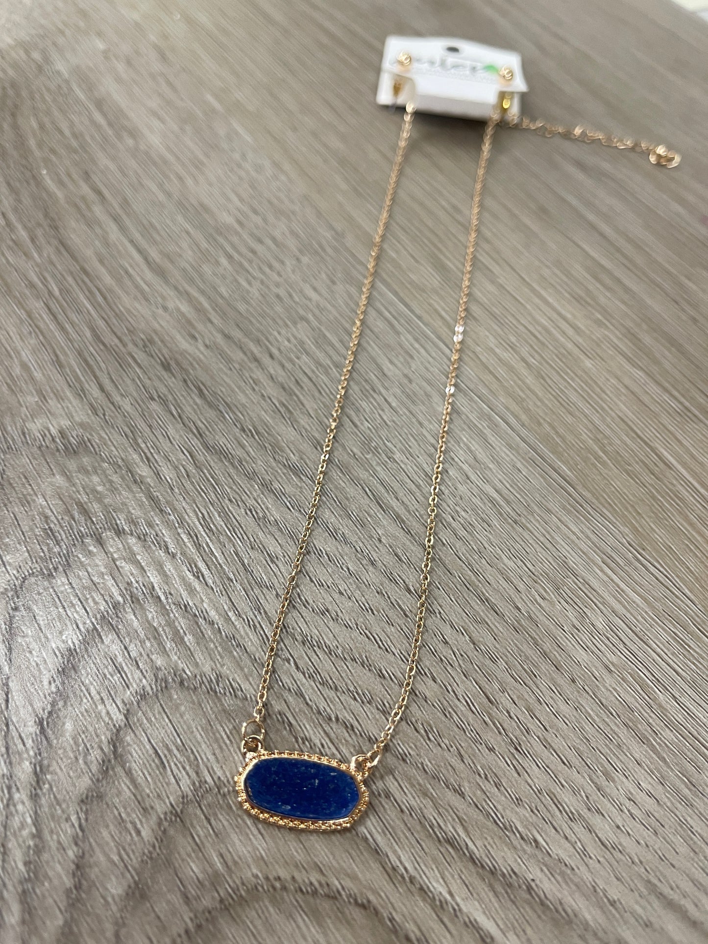 Dainty Oval Druzy Pendant Necklace & Earring Set - Blue on Gold