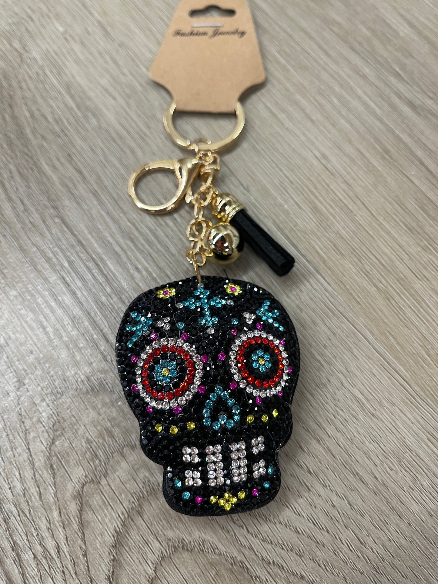 Black Sugar Skull Crystal Puffy Keychain Purse Charm