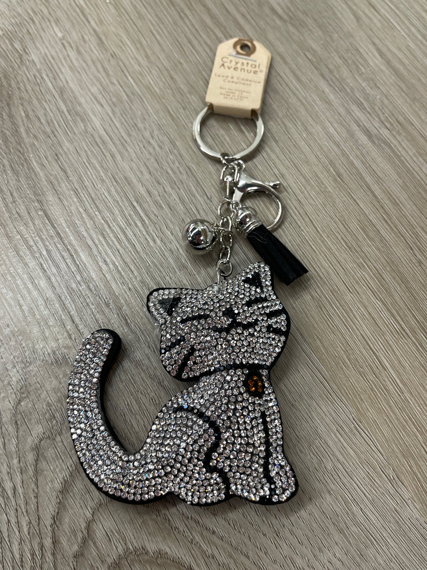 Black Silver Cat Crystal Puffy Keychain Purse Charm