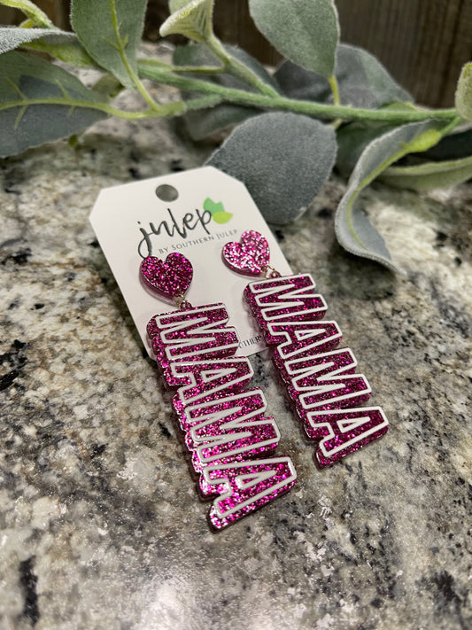 The Mama Glitter Heart Stud Earrings - Fuchsia