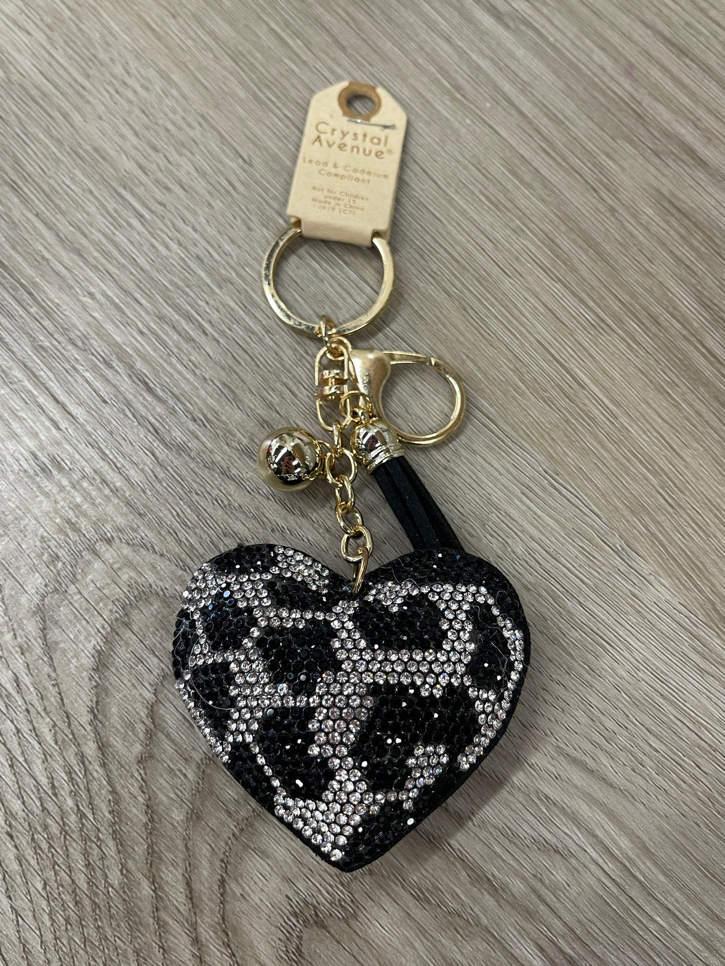 Black Leopard Heart Crystal Puffy Keychain Purse Charm