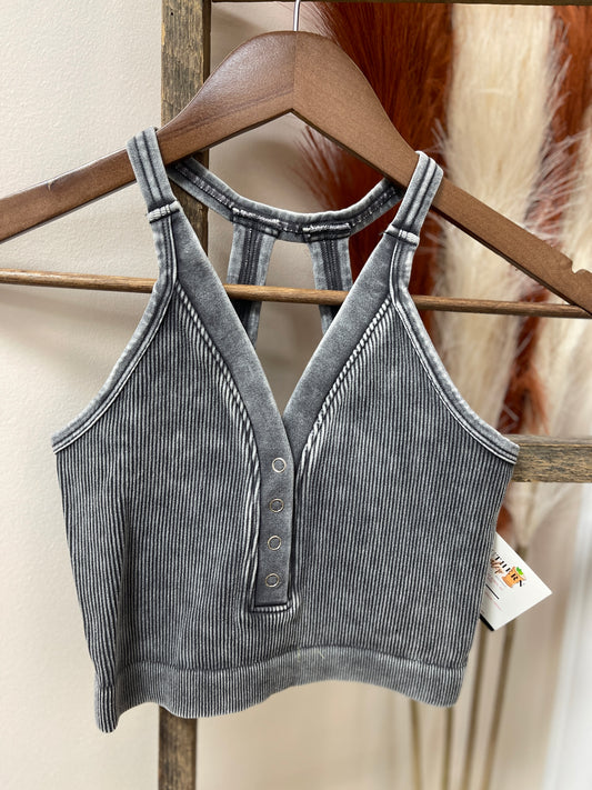 The Farrah Washed Ribbed Tank Top - Washed Grey