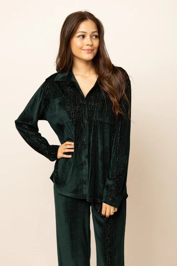 Forest Green Velvet Button Up Top