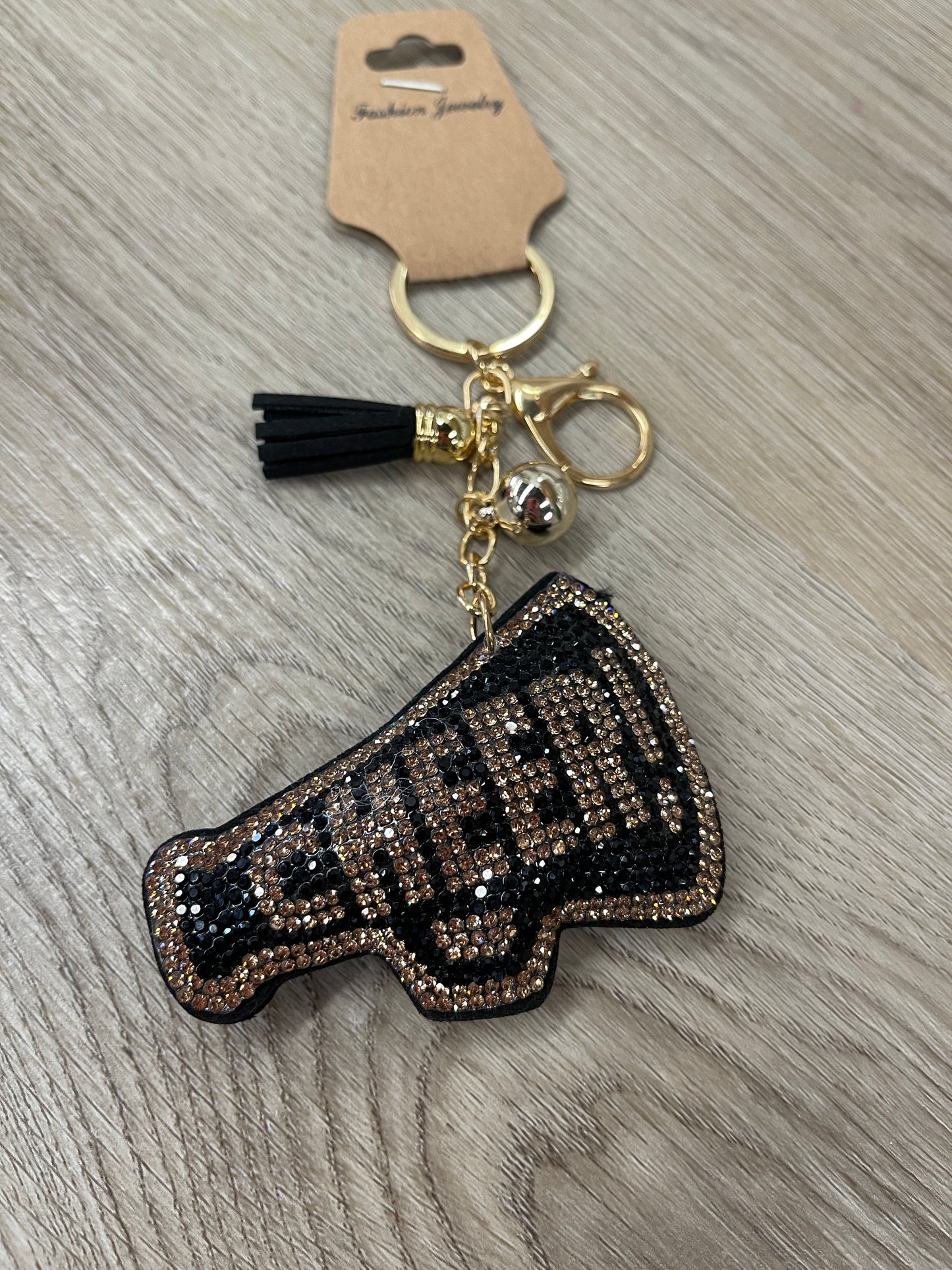 Black Gold Cheer Megaphone Crystal Puffy Keychain Purse Charm