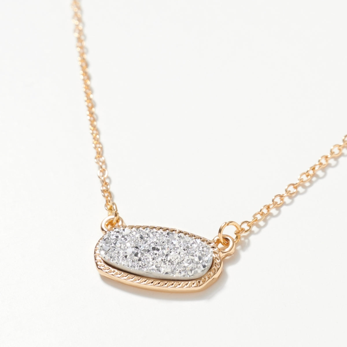 Dainty Oval Druzy Pendant Necklace & Earring Set - Silver on Gold