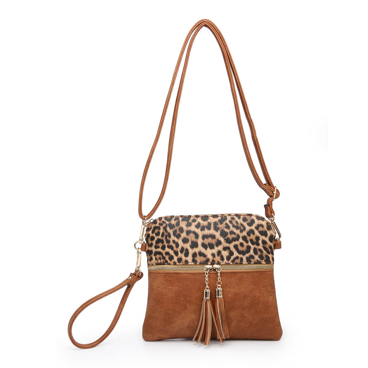 Tara Tassel Vegan Leather Crossbody Bag - Leopard/Brown