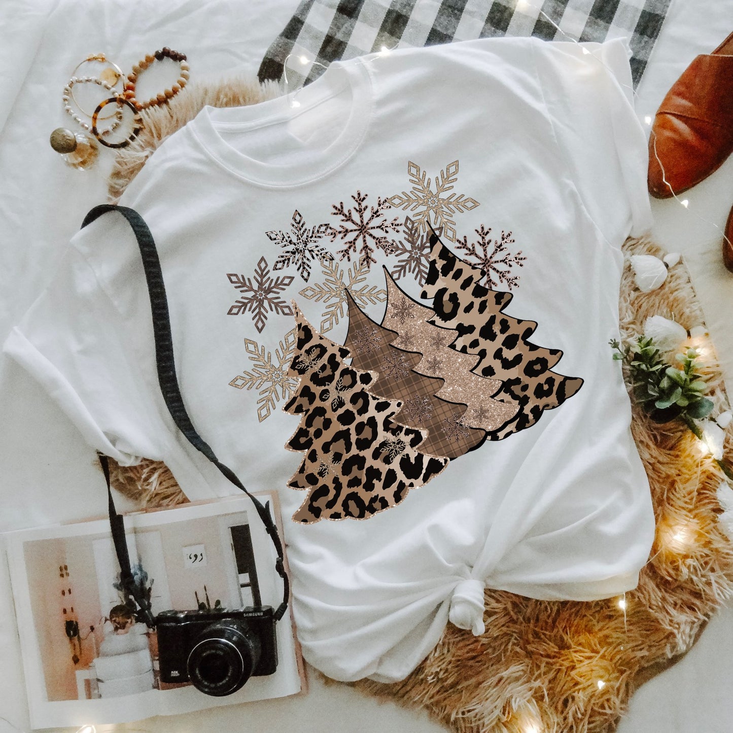 PREORDER - Leopard Glitter Christmas Trees & Snowflakes SHORT SLEEVE Boutique Soft Tee