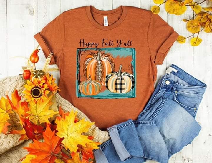 PREORDER - Happy Fall Y'all Leopard Plaid Pumpkins Boutique Soft Tee