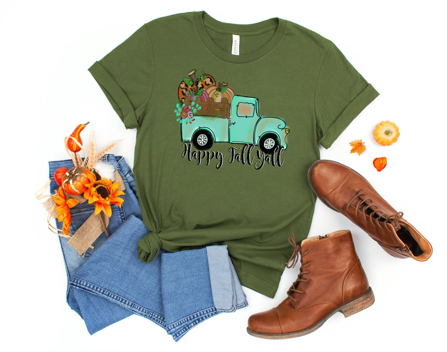 PREORDER - Happy Fall Y'all Teal Truck Fall Boutique Soft Tee - Olive