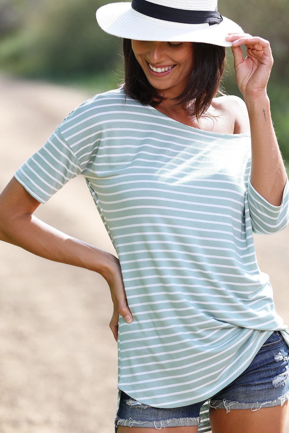 Sage Green Ivory Striped Short Sleeve Top - USA Made