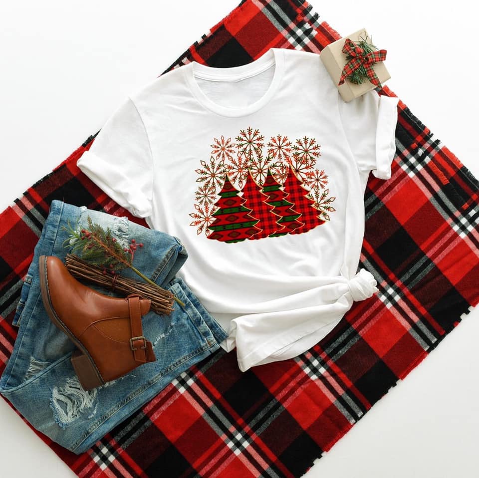 PREORDER - Plaid Christmas Trees & Snowflakes SS Boutique Soft Tee