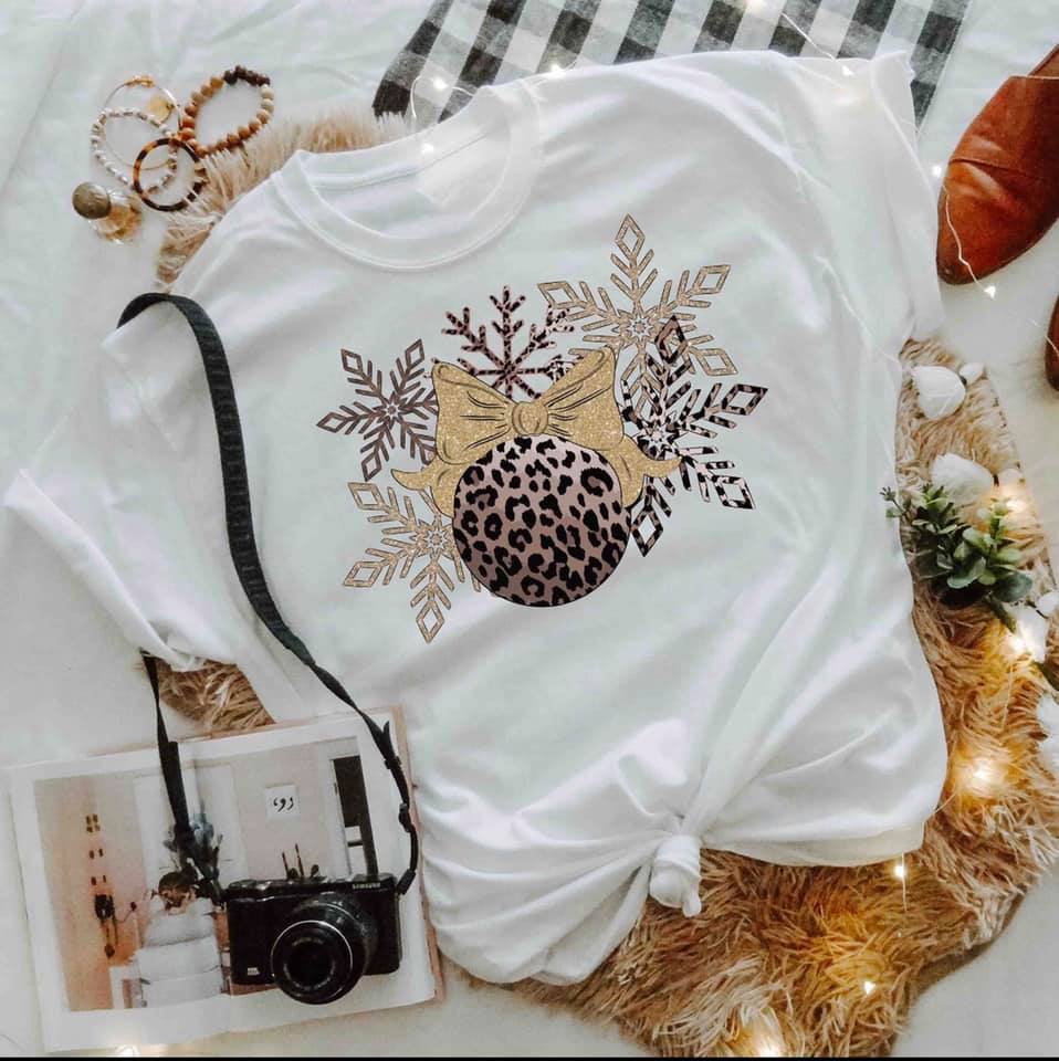 PREORDER - Leopard Ornament Glitter Bow Snowflakes Tee