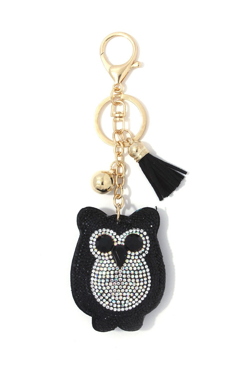 Black Silver Owl Crystal Puffy Keychain Purse Charm