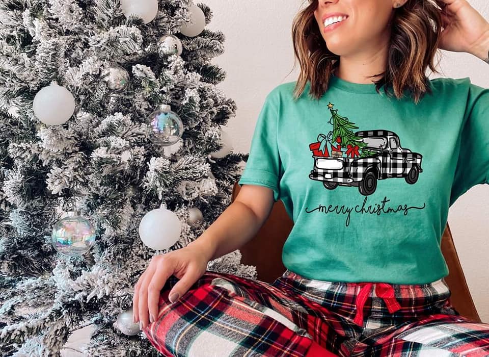 PREORDER - Black/White Plaid Tree Truck Merry Christmas SS Boutique Soft Tee