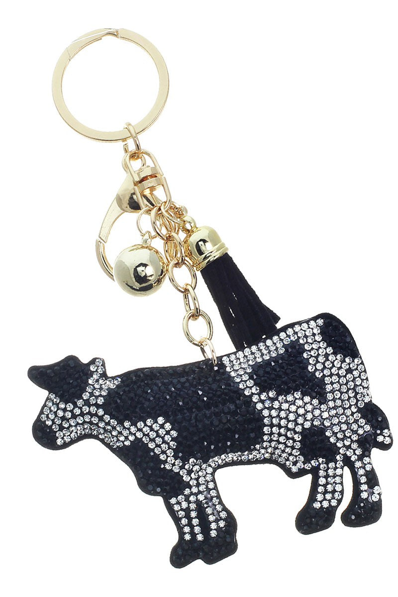 Black Cow Crystal Puffy Keychain Purse Charm