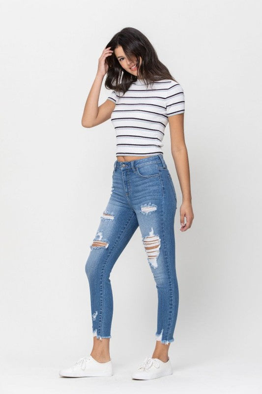 Cello Macee Jean - High-Rise Distressed Cropped Skinny - Medium Wash
