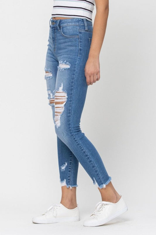 Cello Macee Jean - High-Rise Distressed Cropped Skinny - Medium Wash