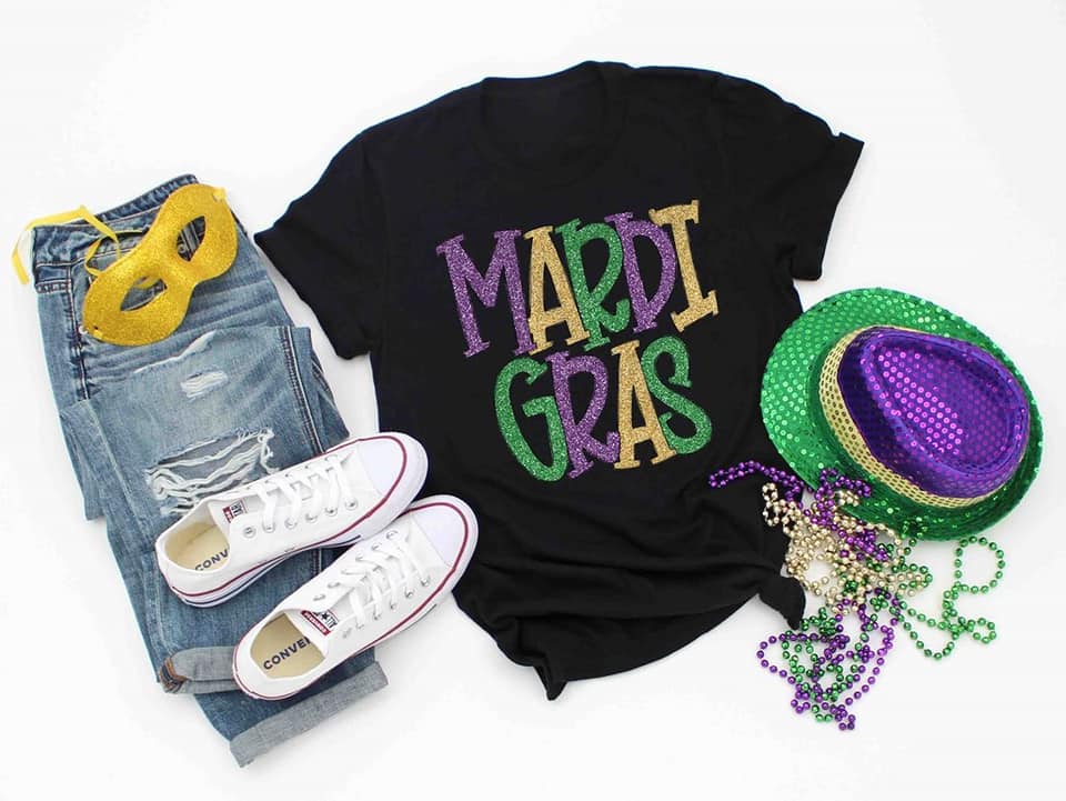 PREORDER - Mardi Gras Glitter Look Letters Boutique Soft Tee