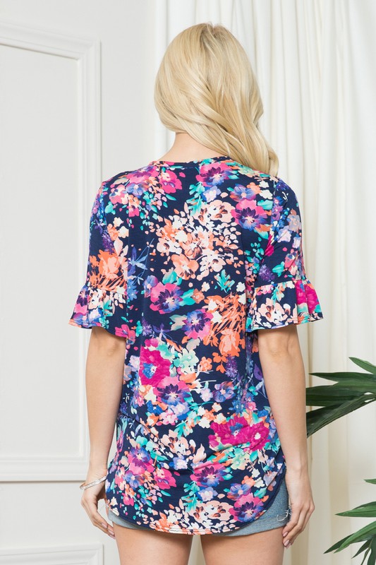 Shelby Navy Floral Knotted Hem Top - USA Made