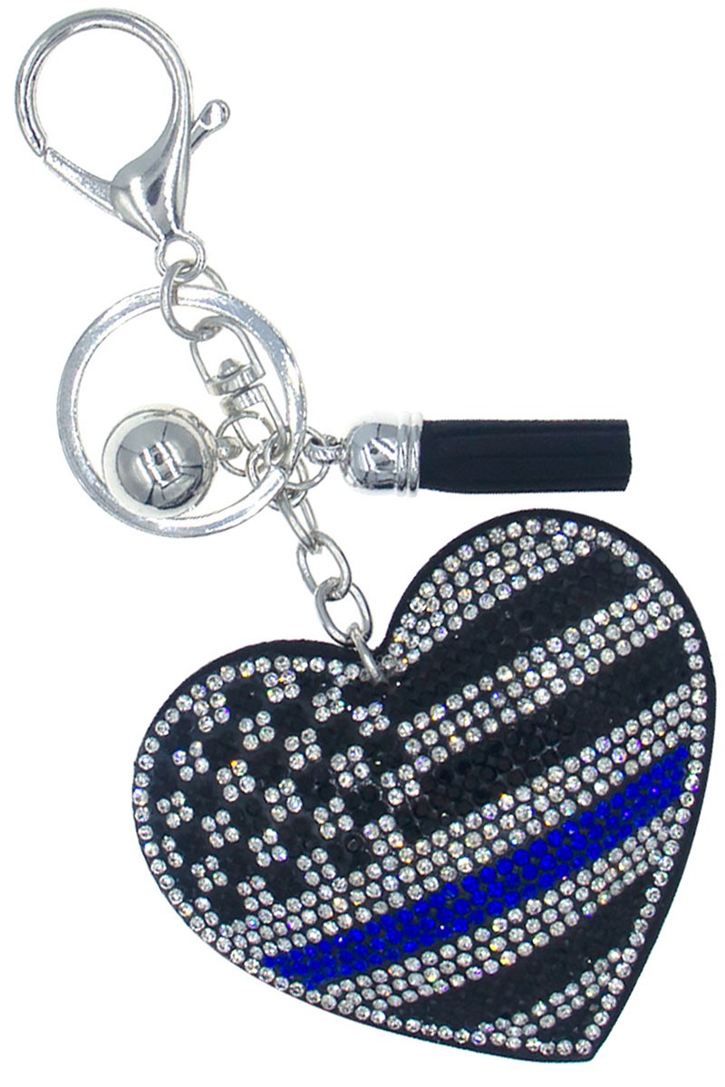 Blueline Flag Heart Crystal Puffy Keychain Purse Charm