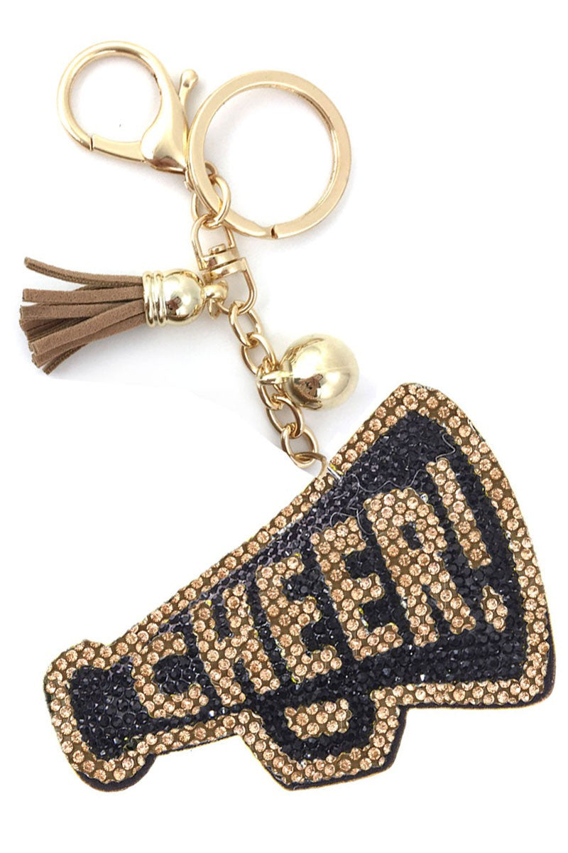 Black Gold Cheer Megaphone Crystal Puffy Keychain Purse Charm