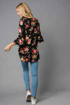 Black Floral Bell Sleeve Hi-Lo Tunic